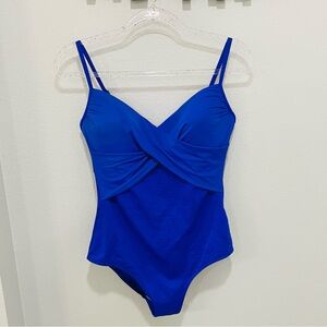 It Figures! One Piece Blue Swimsuit Womens Size 10 Padded Underwire D Cup & Up
